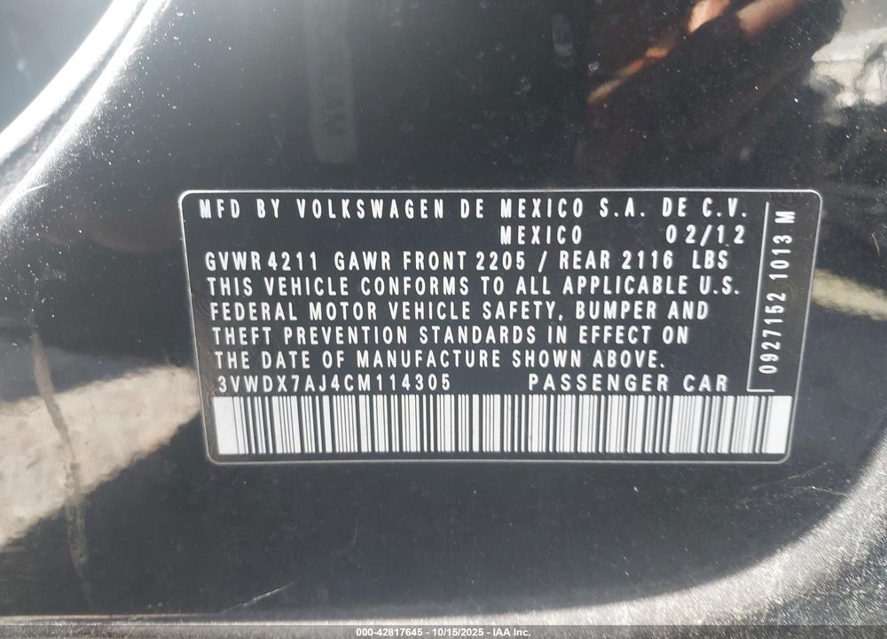 2012 VOLKSWAGEN JETTA VIN: 3VWDX7AJ4CM114305
