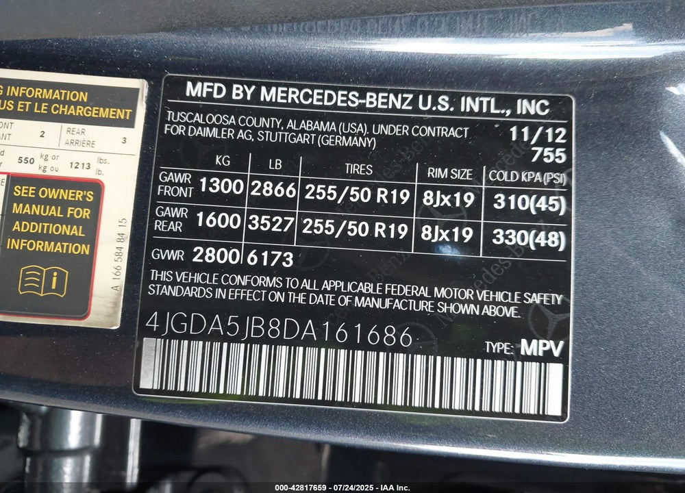 2013 MERCEDES-BENZ ML-CLASS VIN: 4JGDA5JB8DA161686