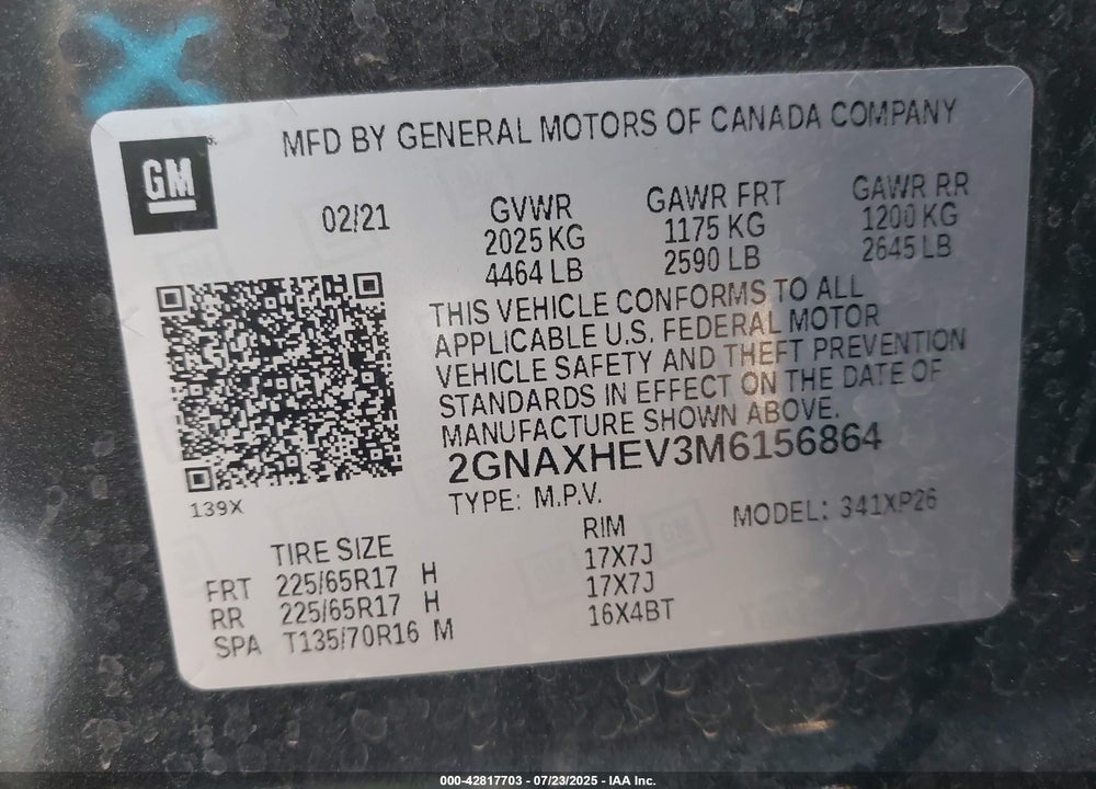 2021 CHEVROLET EQUINOX VIN: 2GNAXHEV3M6156864