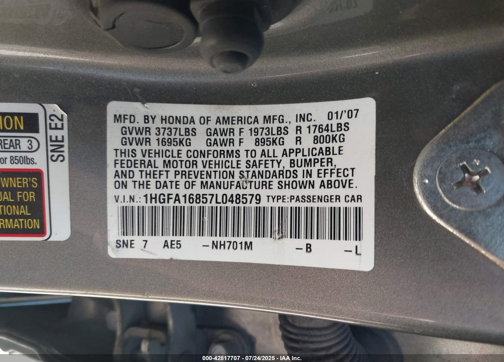 2007 HONDA CIVIC EX VIN: 1HGFA16857L048579