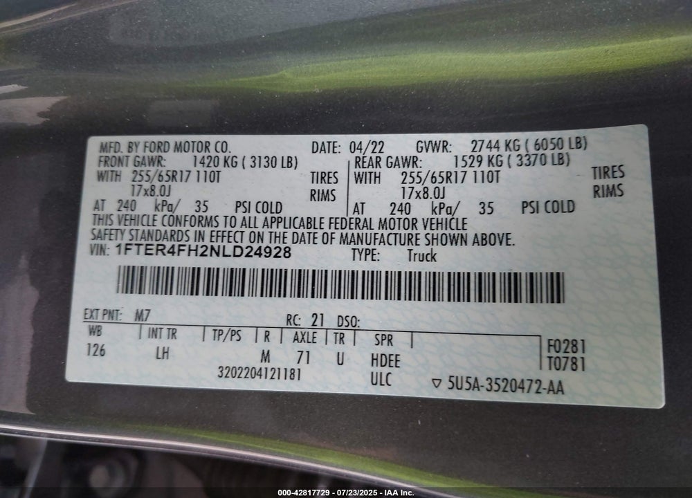 2022 FORD RANGER VIN: 1FTER4FH2NLD24928