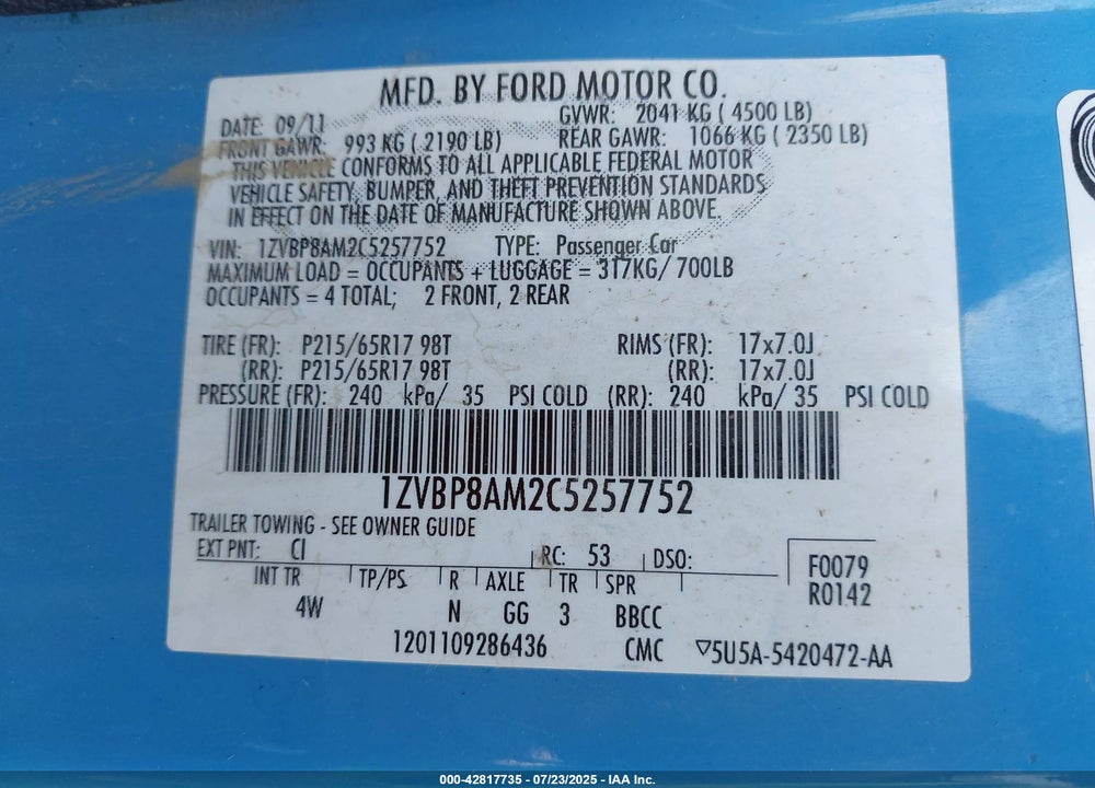 2012 FORD MUSTANG VIN: 1ZVBP8AM2C5257752