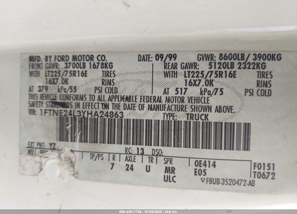 2000 FORD E-250 COMMERCIAL/RECREATIONAL VIN: 1FTNE24L3YHA24863