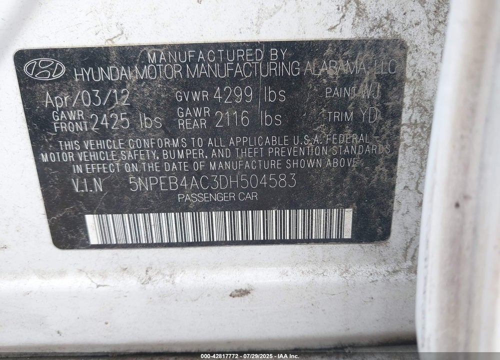 2013 HYUNDAI SONATA VIN: 5NPEB4AC3DH504583