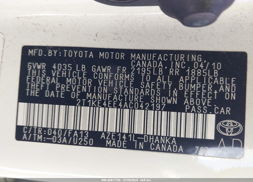 2010 TOYOTA MATRIX VIN: 2T1KE4EE4AC042197