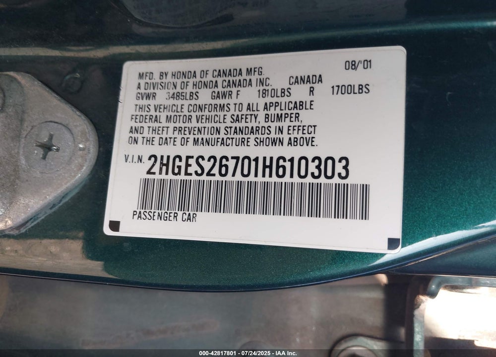 2001 HONDA CIVIC EX VIN: 2HGES26701H610303