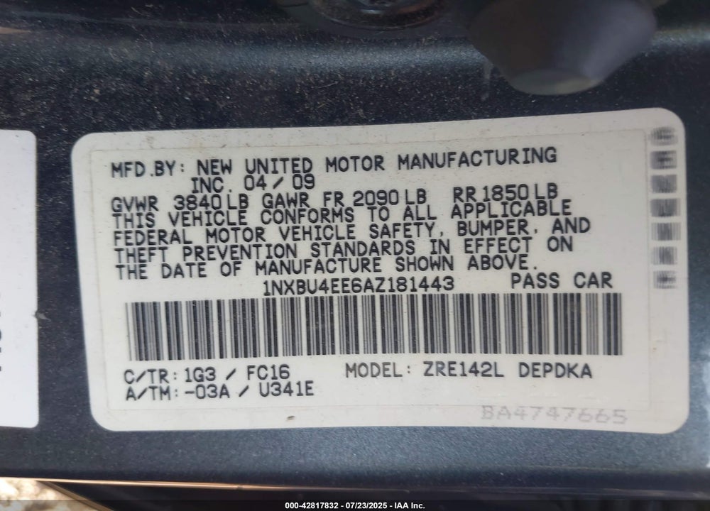 2010 TOYOTA COROLLA VIN: 1NXBU4EE6AZ181443