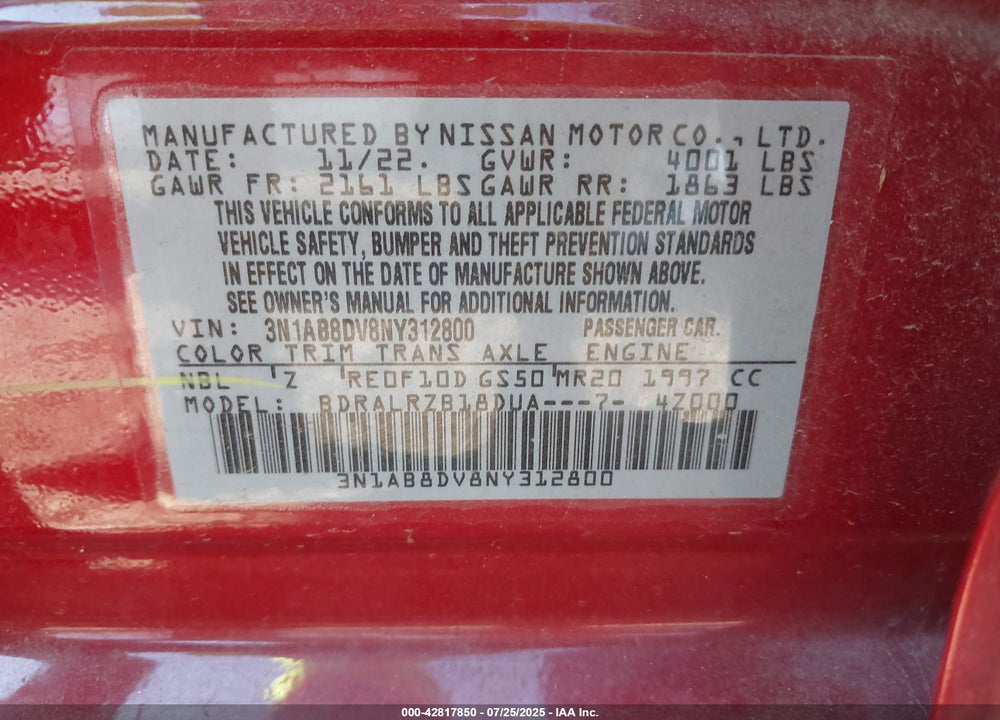 2022 NISSAN SENTRA VIN: 3N1AB8DV8NY312800
