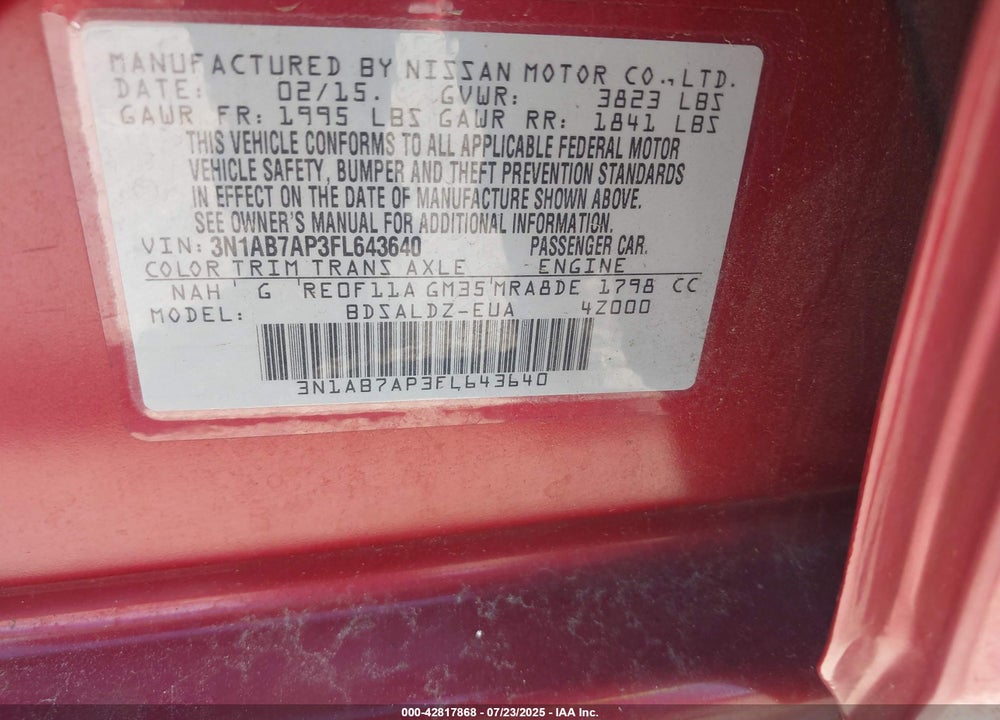 2015 NISSAN SENTRA SV VIN: 3N1AB7AP3FL643640