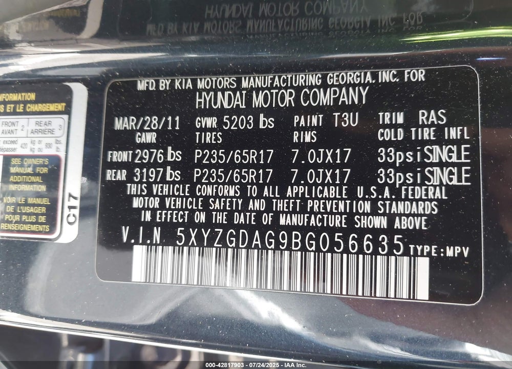 2011 HYUNDAI SANTA FE VIN: 5XYZGDAG9BG056635