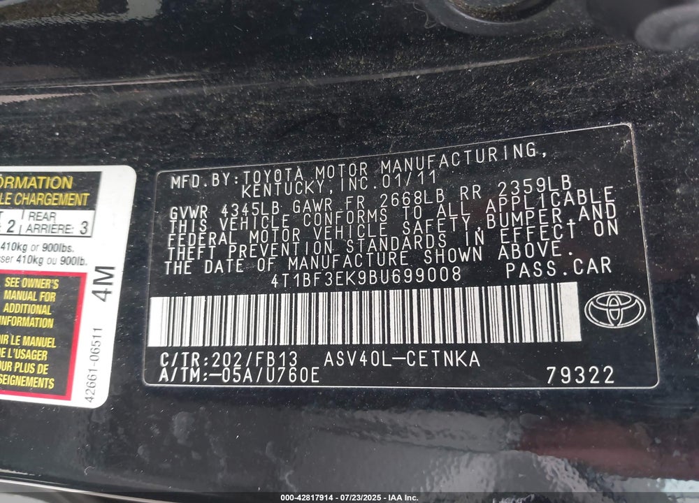 2011 TOYOTA CAMRY VIN: 4T1BF3EK9BU699008