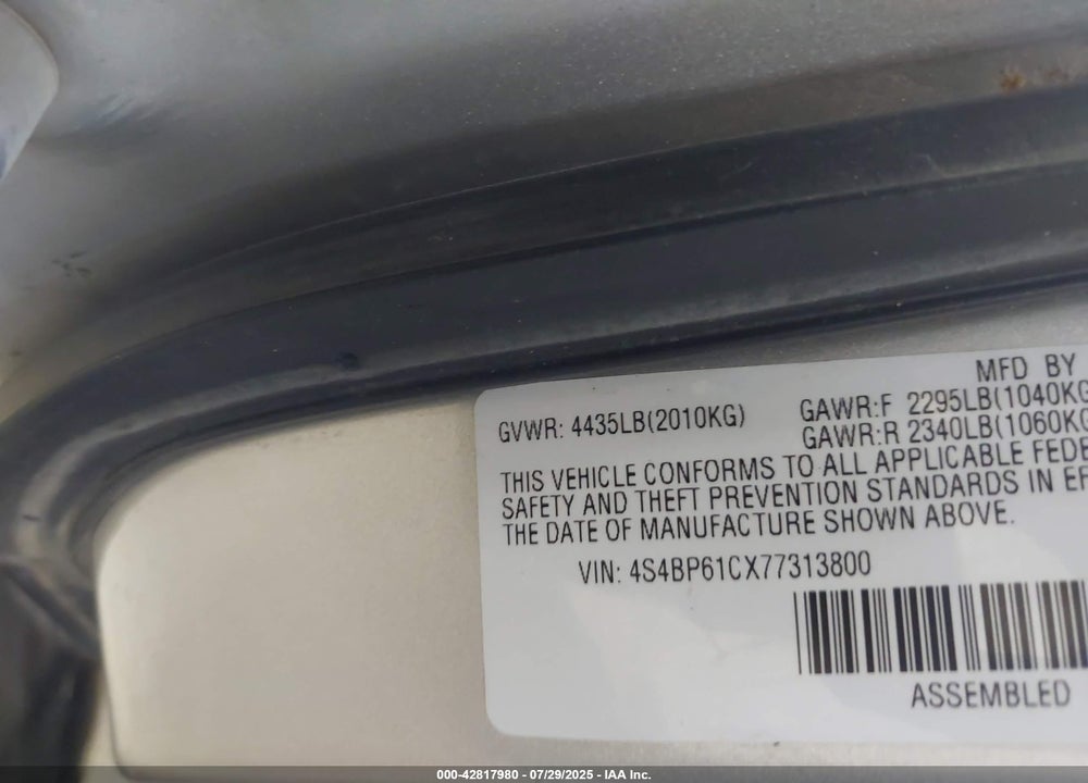 2007 SUBARU OUTBACK VIN: 4S4BP61CX77313800