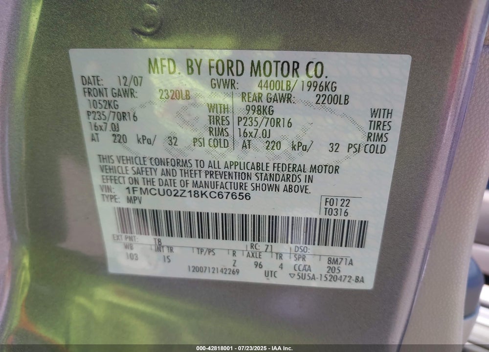 2008 FORD ESCAPE XLS/XLS MANUAL VIN: 1FMCU02Z18KC67656