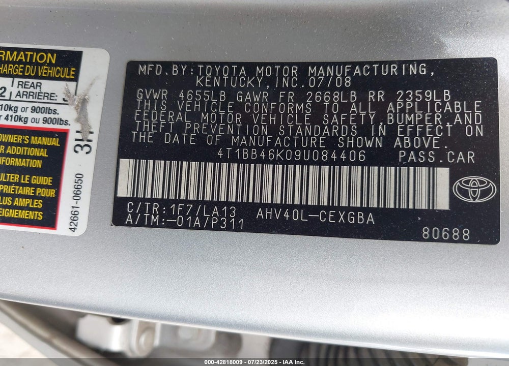 2009 TOYOTA CAMRY HYBRID VIN: 4T1BB46K09U084406