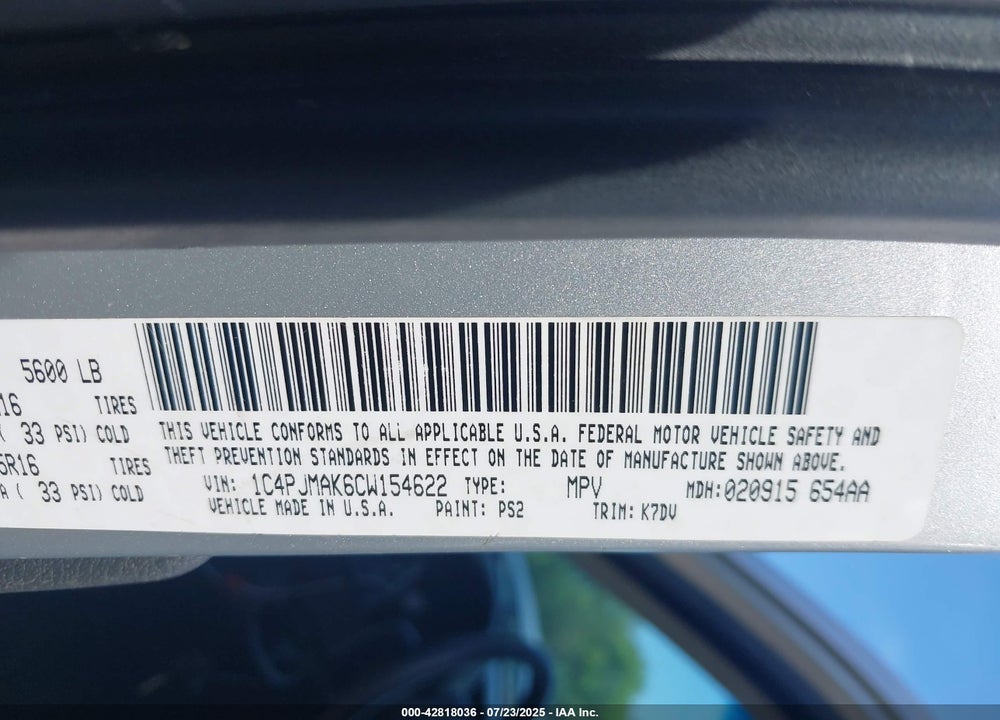 2012 JEEP LIBERTY VIN: 1C4PJMAK6CW154622