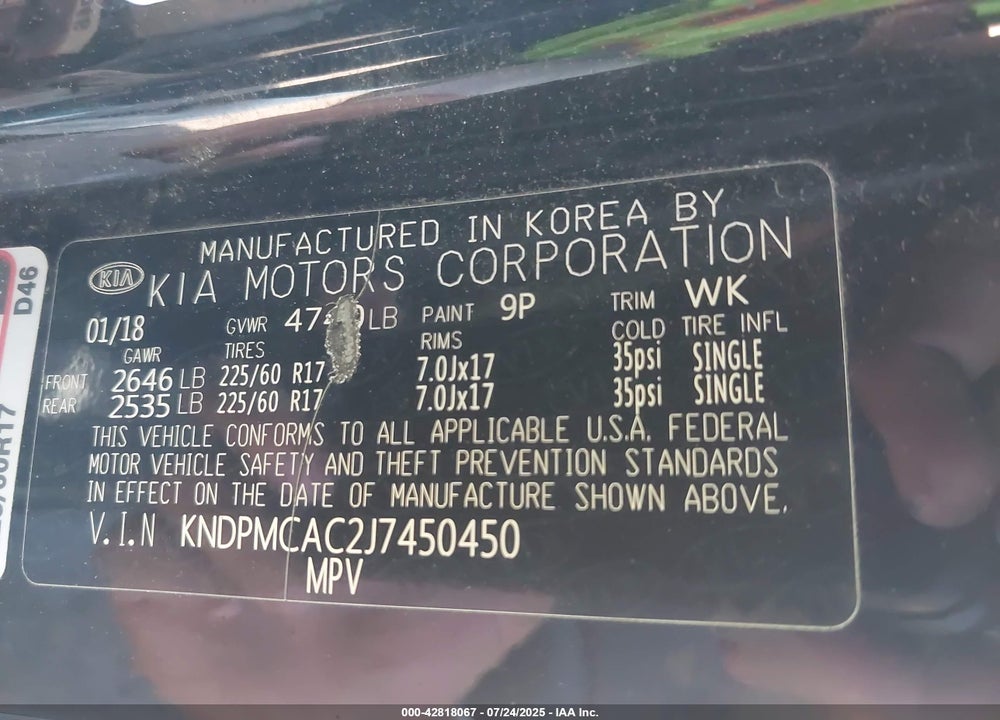 2018 KIA SPORTAGE VIN: KNDPMCAC2J7450450
