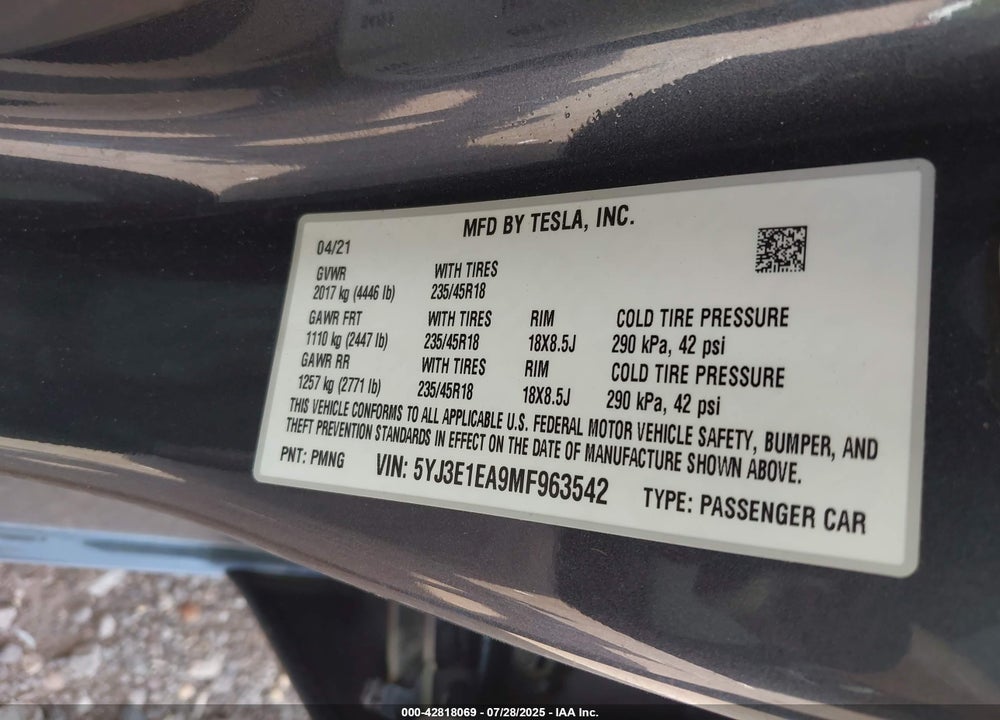 2021 TESLA MODEL 3 VIN: 5YJ3E1EA9MF963542