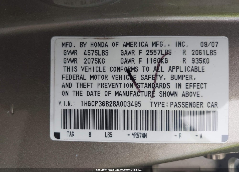 2008 HONDA ACCORD VIN: 1HGCP36828A003495