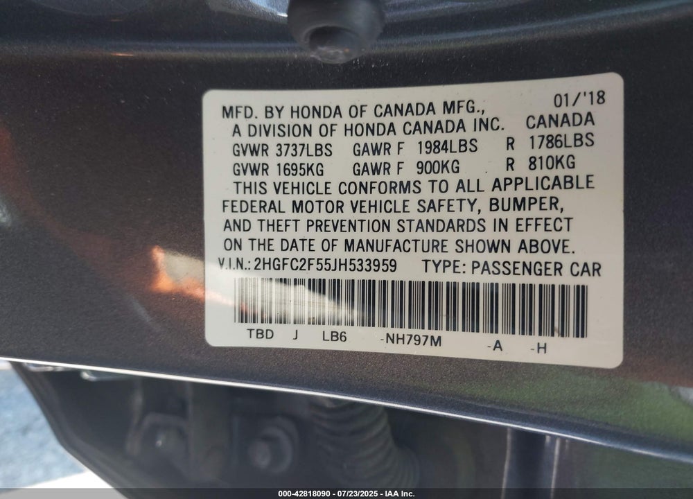 2018 HONDA CIVIC VIN: 2HGFC2F55JH533959