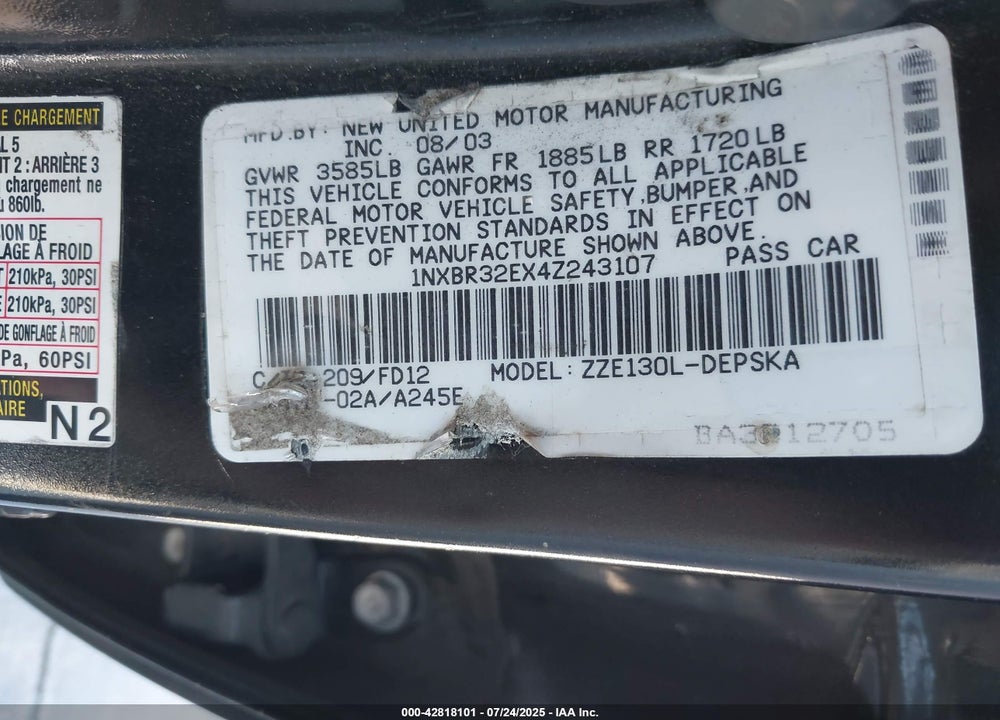 2004 TOYOTA COROLLA VIN: 1NXBR32EX4Z243107