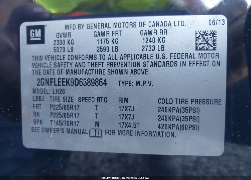 2013 CHEVROLET EQUINOX VIN: 2GNFLEEK9D6389864