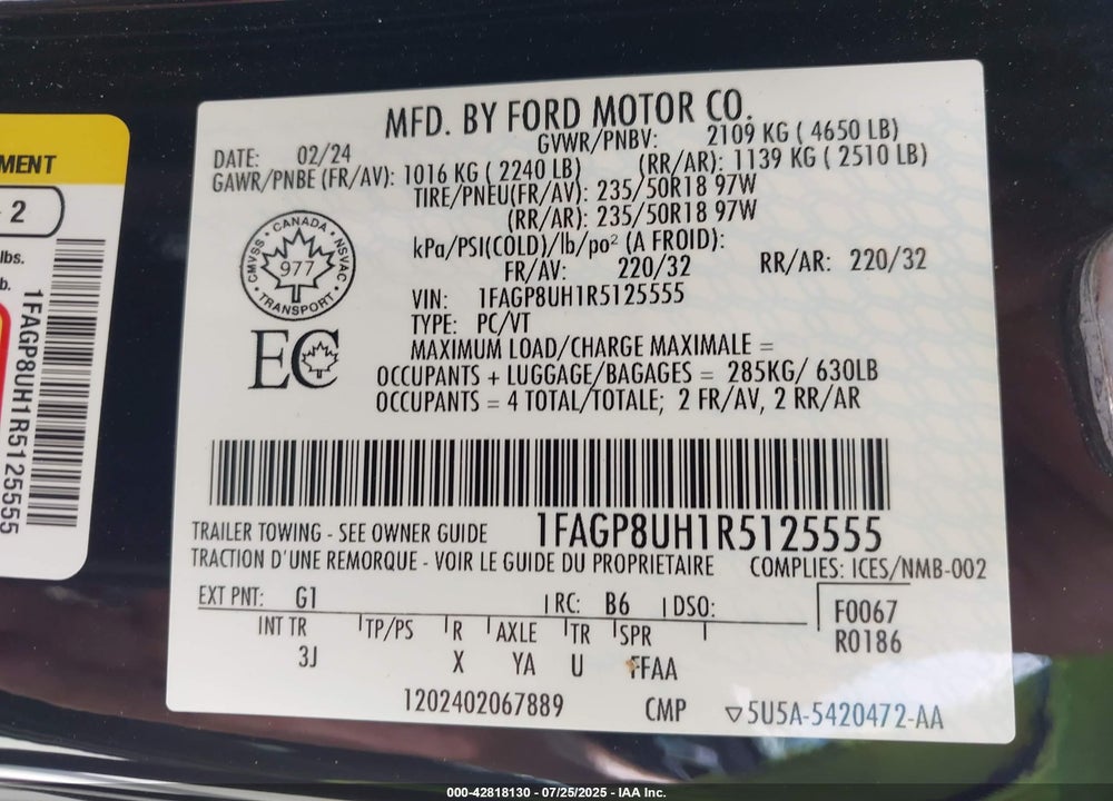 2024 FORD MUSTANG VIN: 1FAGP8UH1R5125555
