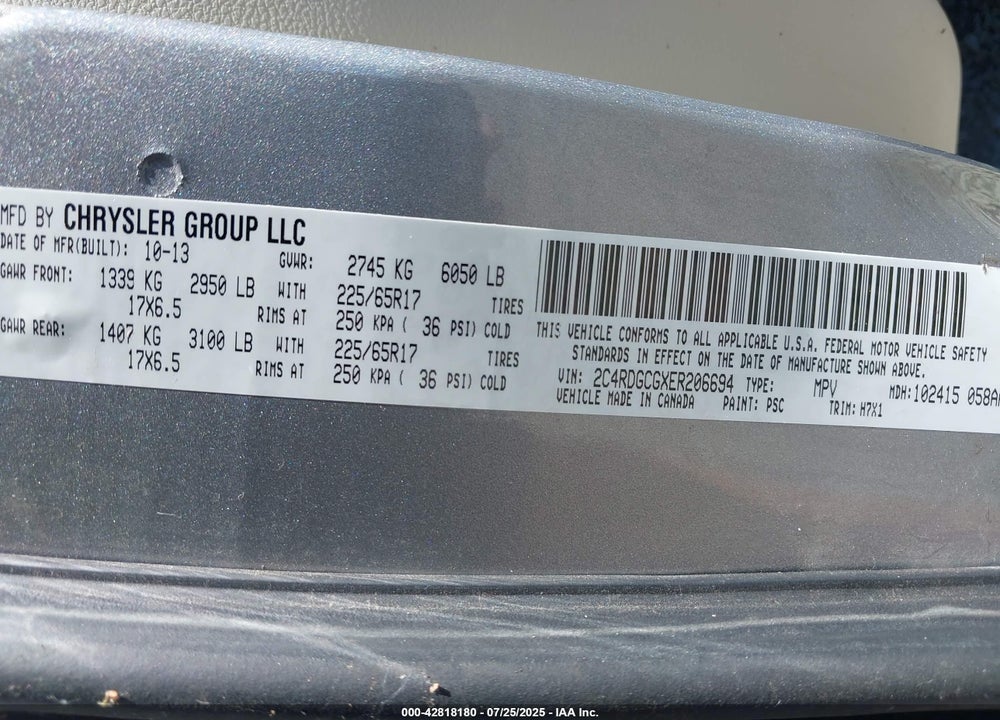 2014 DODGE GRAND CARAVAN VIN: 2C4RDGCGXER206694