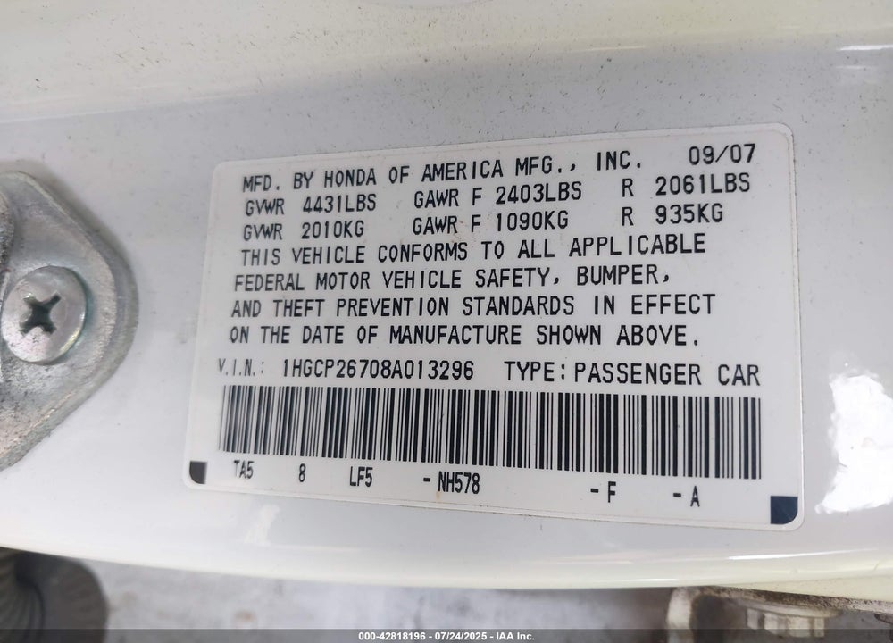 2008 HONDA ACCORD 2.4 EX VIN: 1HGCP26708A013296