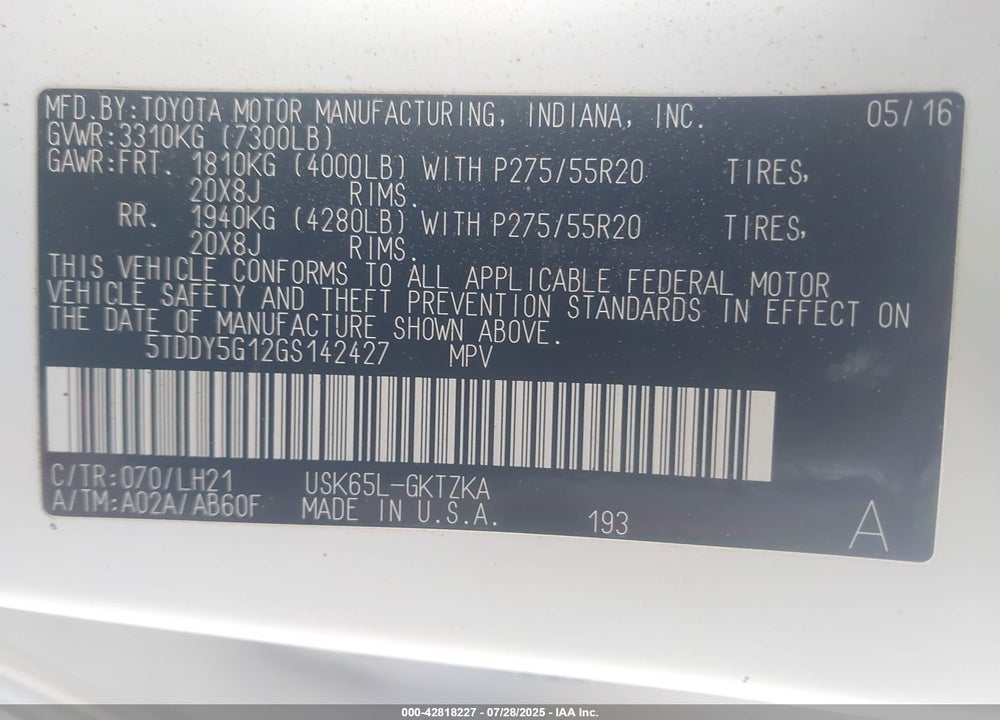 2016 TOYOTA SEQUOIA VIN: 5TDDY5G12GS142427