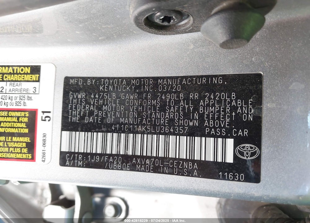 2020 TOYOTA CAMRY LE VIN: 4T1C11AK5LU364357