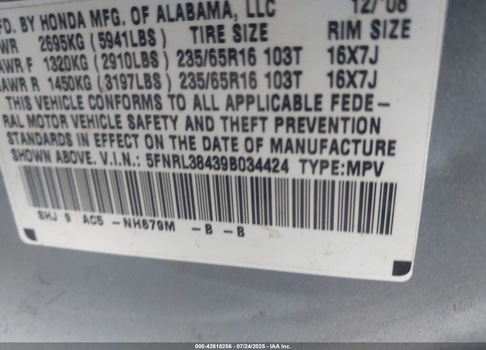 2009 HONDA ODYSSEY EX VIN: 5FNRL38439B034424