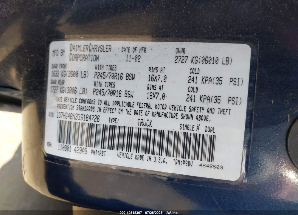 2003 DODGE DAKOTA VIN: 1D7HG48N33S184726
