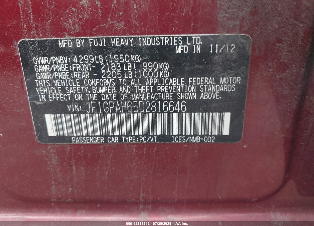 2013 SUBARU IMPREZA VIN: JF1GPAH65D2816646