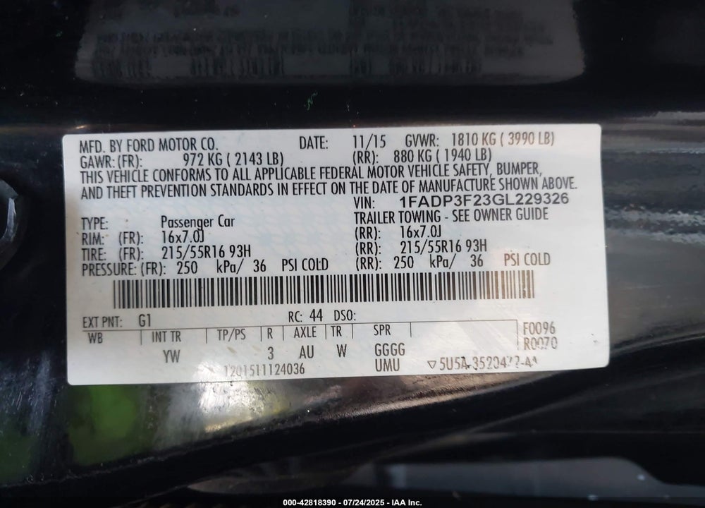 2016 FORD FOCUS VIN: 1FADP3F23GL229326