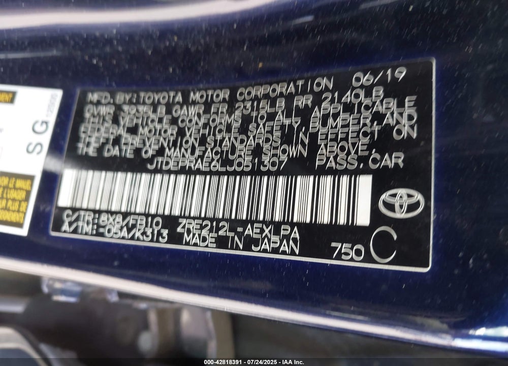 2020 TOYOTA COROLLA VIN: JTDEPRAE6LJ051307