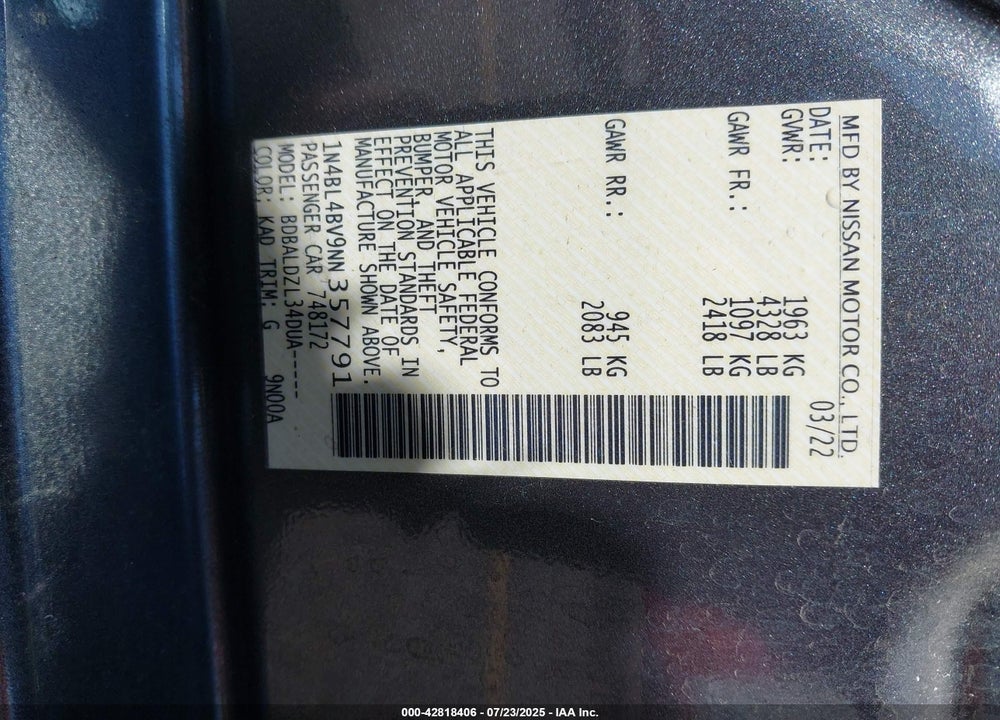 2022 NISSAN ALTIMA VIN: 1N4BL4BV9NN357791