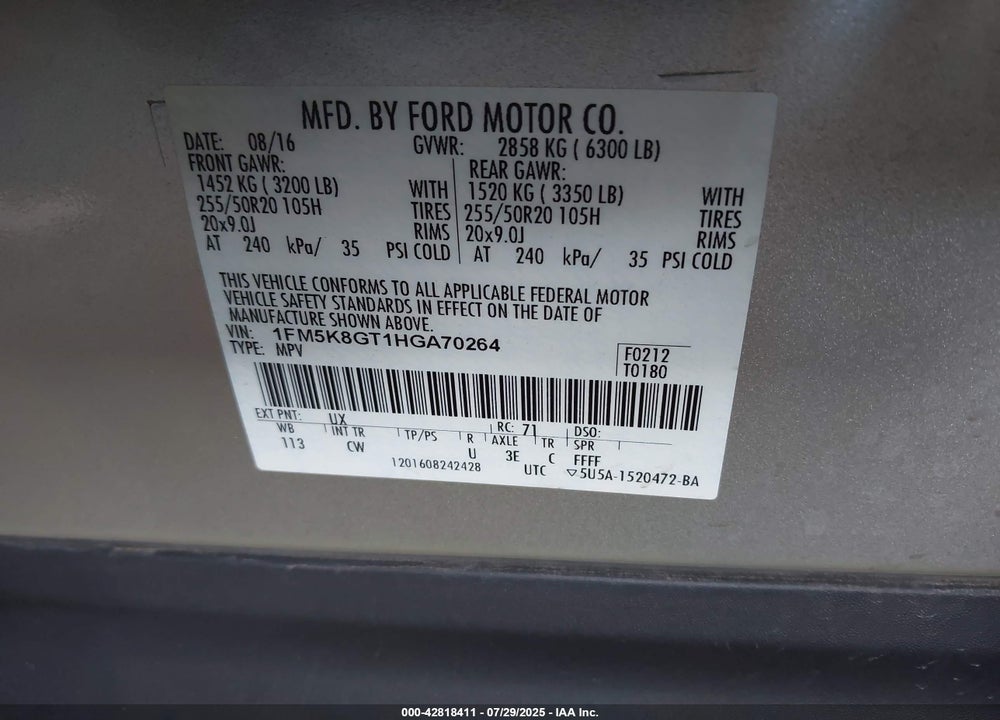 2017 FORD EXPLORER SPORT VIN: 1FM5K8GT1HGA70264