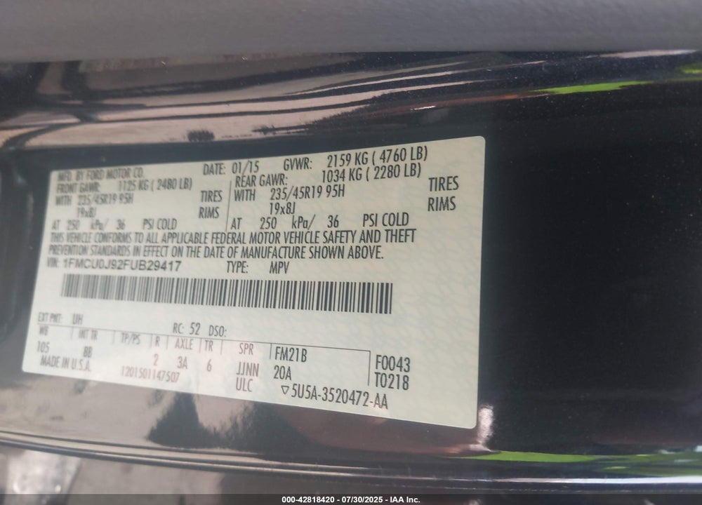2015 FORD ESCAPE VIN: 1FMCU0J92FUB29417