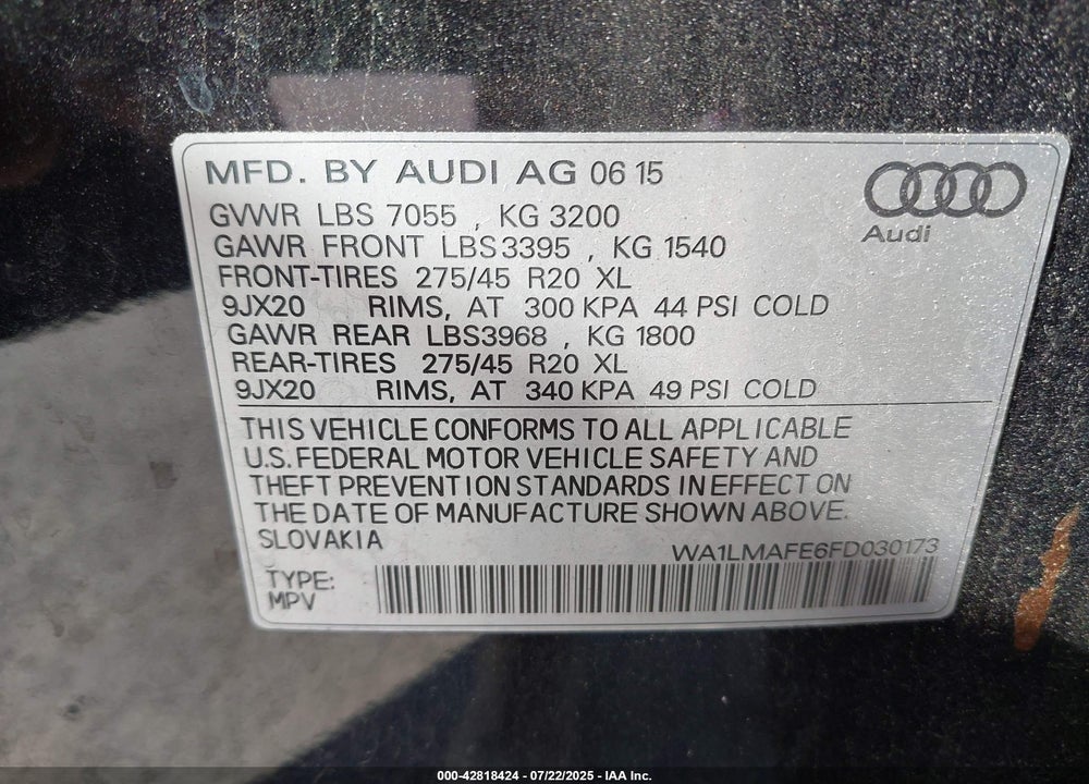 2015 AUDI Q7 VIN: WA1LMAFE6FD030173