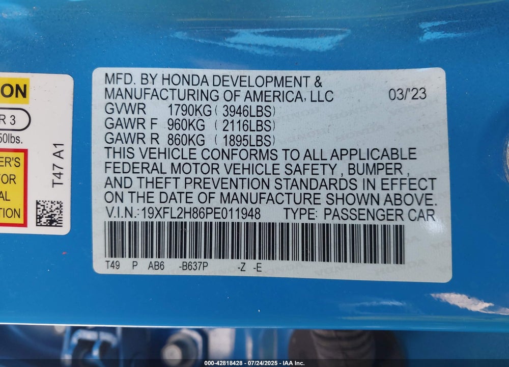 2023 HONDA CIVIC SPORT VIN: 19XFL2H86PE011948