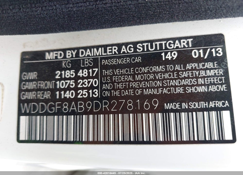 2013 MERCEDES-BENZ C CLASS VIN: WDDGF8AB9DR278169