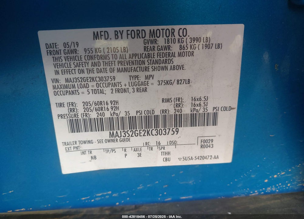 2019 FORD ECOSPORT VIN: MAJ3S2GE2KC303759