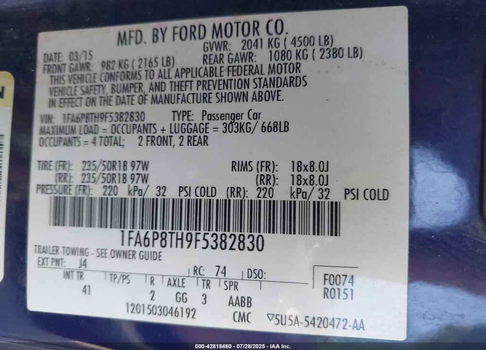 2015 FORD MUSTANG VIN: 1FA6P8TH9F5382830