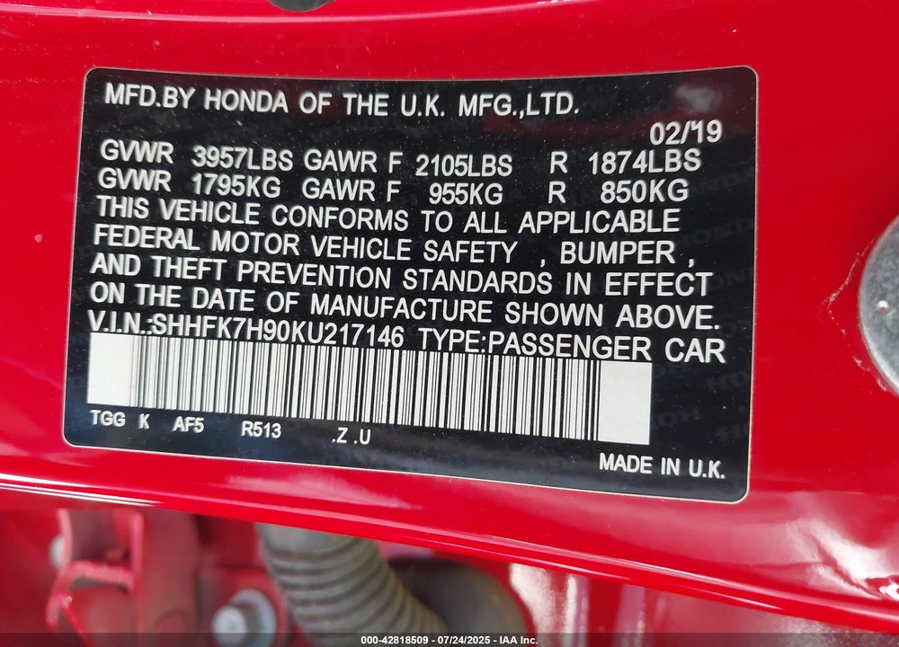 2019 HONDA CIVIC VIN: SHHFK7H90KU217146