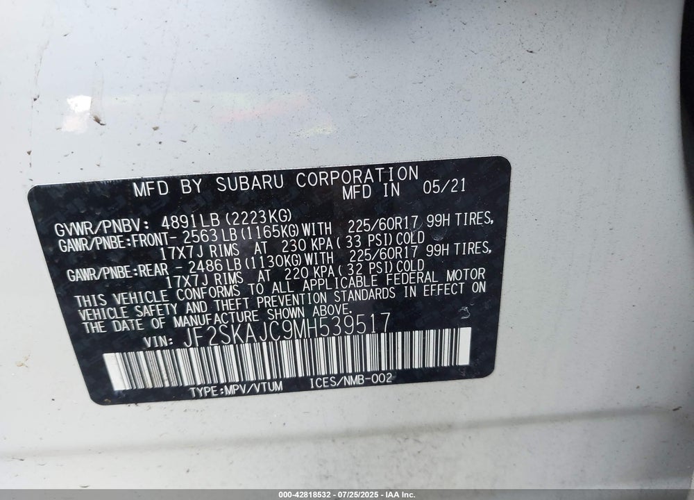 2021 SUBARU FORESTER PREMIUM VIN: JF2SKAJC9MH539517