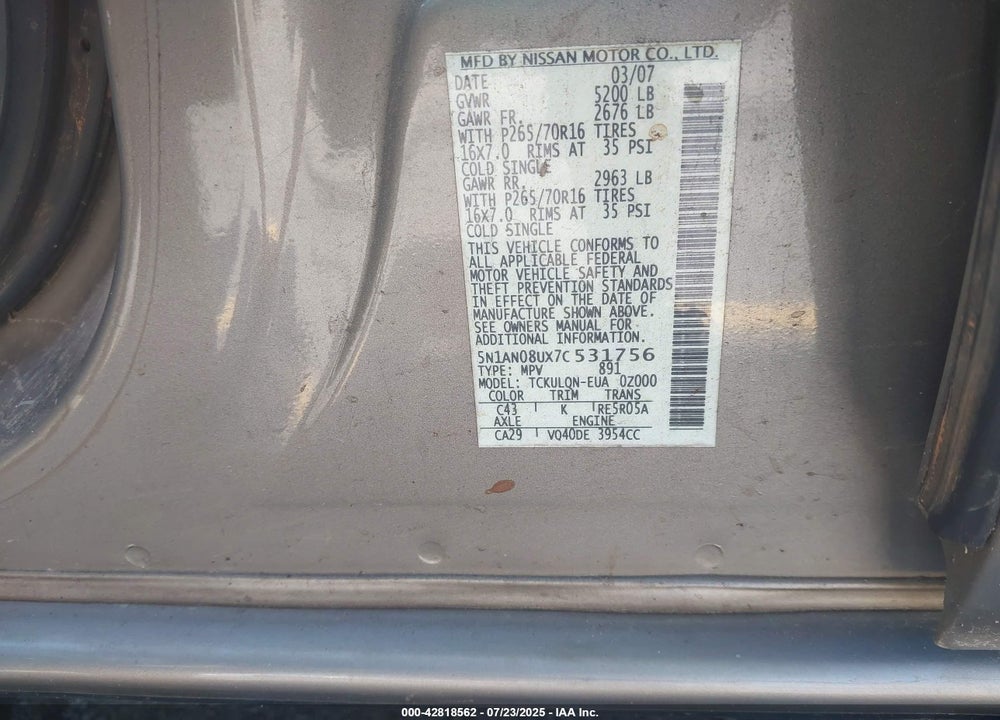 2007 NISSAN XTERRA VIN: 5N1AN08UX7C531756