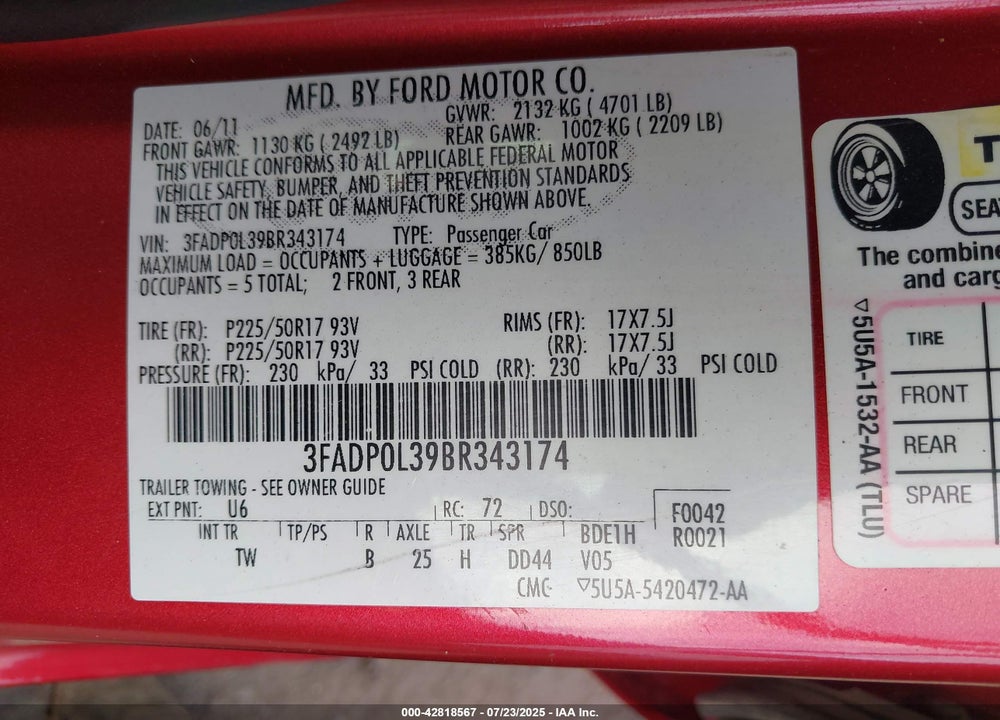 2011 FORD FUSION HYBRID VIN: 3FADP0L39BR343174