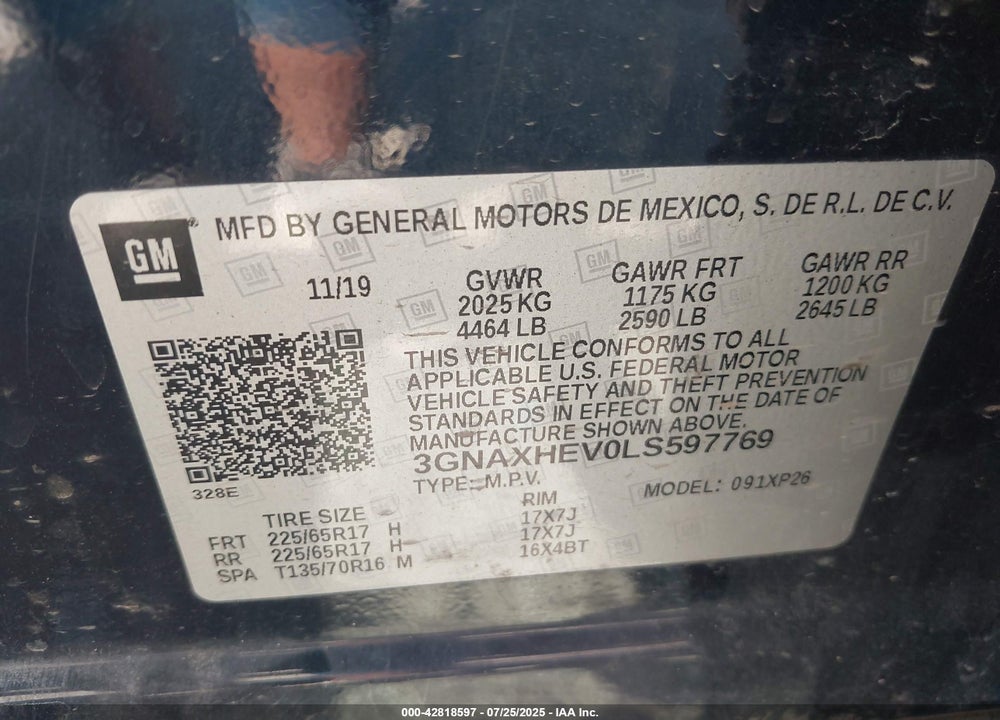 2020 CHEVROLET EQUINOX VIN: 3GNAXHEV0LS597769
