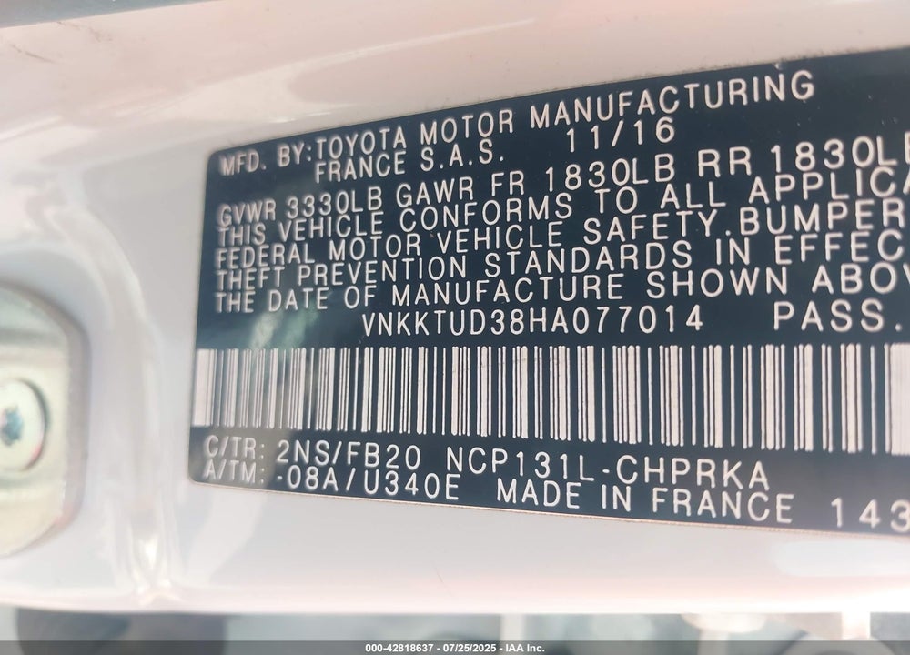 2017 TOYOTA YARIS LE VIN: VNKKTUD38HA077014