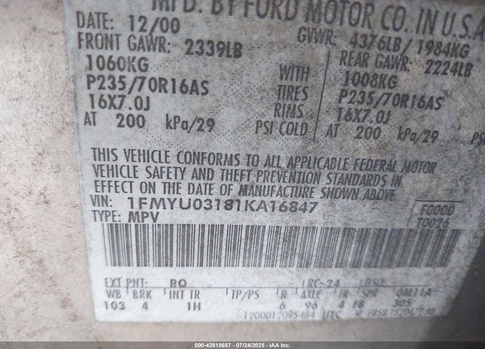 2001 FORD ESCAPE XLT VIN: 1FMYU03181KA16847